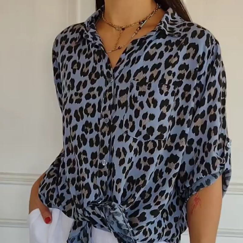 Chemise élégante à imprimé léopard avec col à revers et manches ajustables