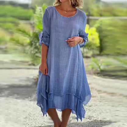 Robe Ample Élégante à Col Rond et Couleur Unie pour Femme