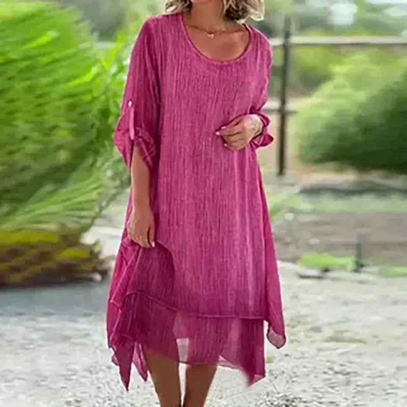 Robe Ample Élégante à Col Rond et Couleur Unie pour Femme