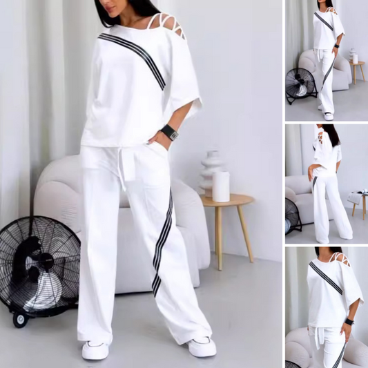 🎁 Vente chaude 49% de réduction 🔥 Ensemble deux pièces haut à manches courtes et pantalon rayé pour femme