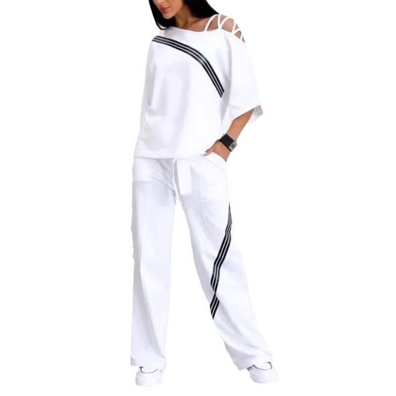 🎁 Vente chaude 49% de réduction 🔥 Ensemble deux pièces haut à manches courtes et pantalon rayé pour femme