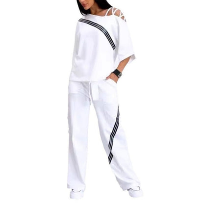 🎁 Vente chaude 49% de réduction 🔥 Ensemble deux pièces haut à manches courtes et pantalon rayé pour femme