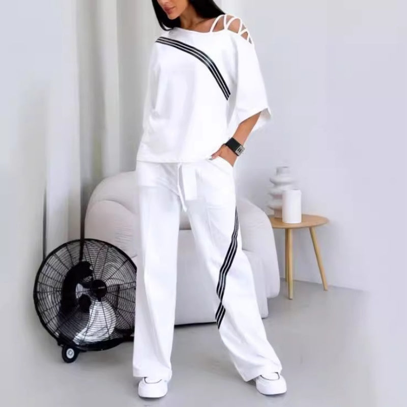 🎁 Vente chaude 49% de réduction 🔥 Ensemble deux pièces haut à manches courtes et pantalon rayé pour femme