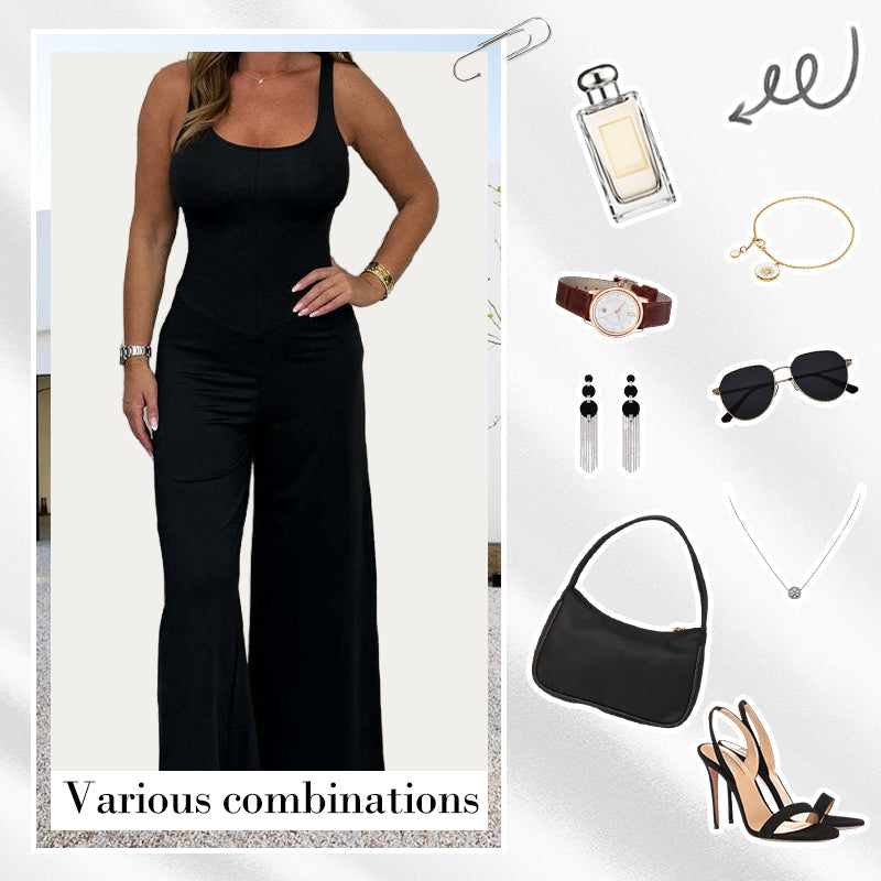 Combinaison Sexy Femme à Col U et Dos Nu, à Jambes Larges