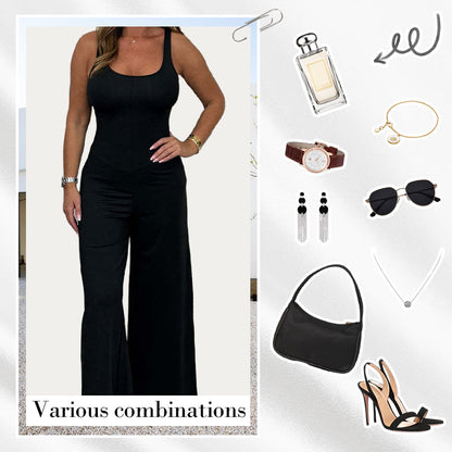 Combinaison Sexy Femme à Col U et Dos Nu, à Jambes Larges