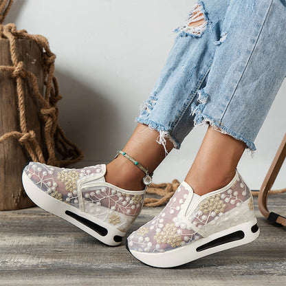 🔥Promotions du début de l'été 🔥Chaussures de sport orthopédiques en maille respirante translucide imprimée à hauteur intérieure pour femmes