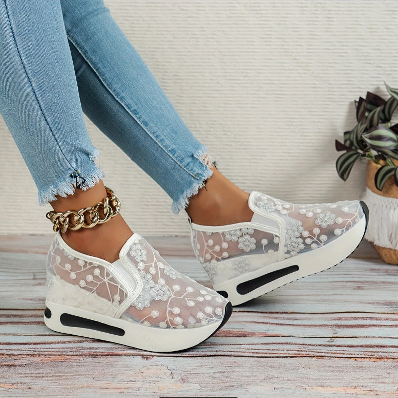 🔥Promotions du début de l'été 🔥Chaussures de sport orthopédiques en maille respirante translucide imprimée à hauteur intérieure pour femmes