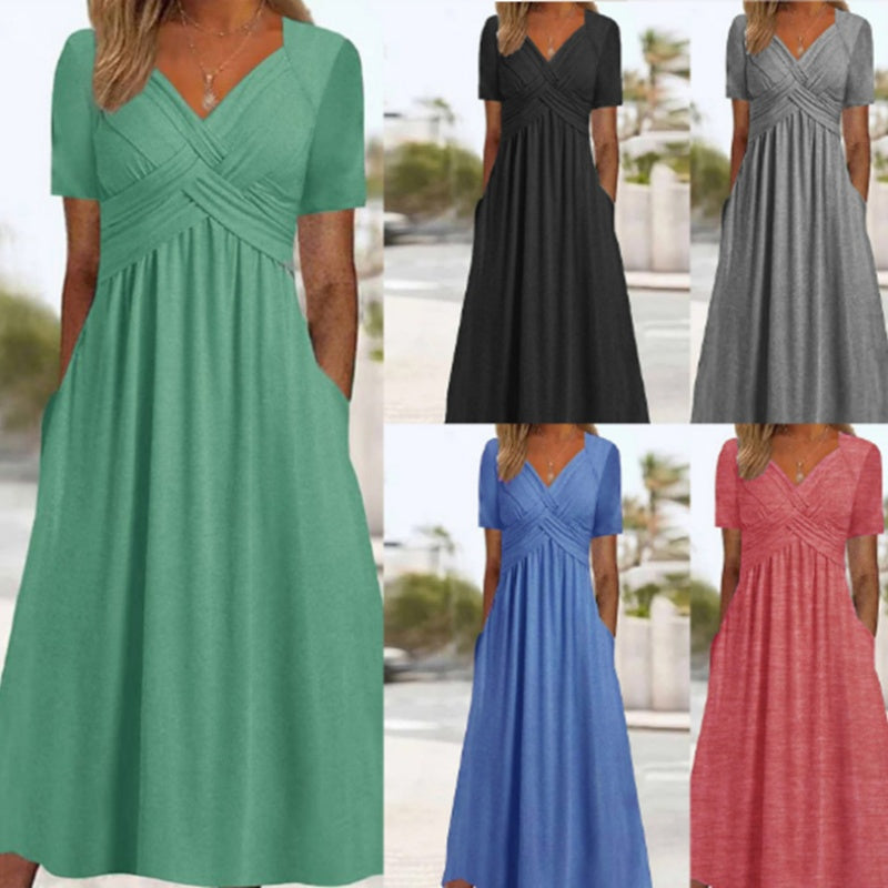 🌷50% de réduction au printemps🌷Femmes Col V Manches Courtes Robes Longues