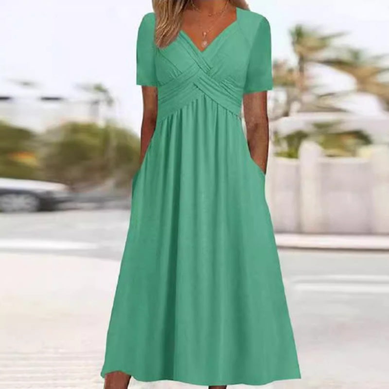 🌷50% de réduction au printemps🌷Femmes Col V Manches Courtes Robes Longues