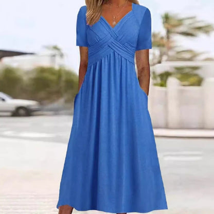 🌷50% de réduction au printemps🌷Femmes Col V Manches Courtes Robes Longues