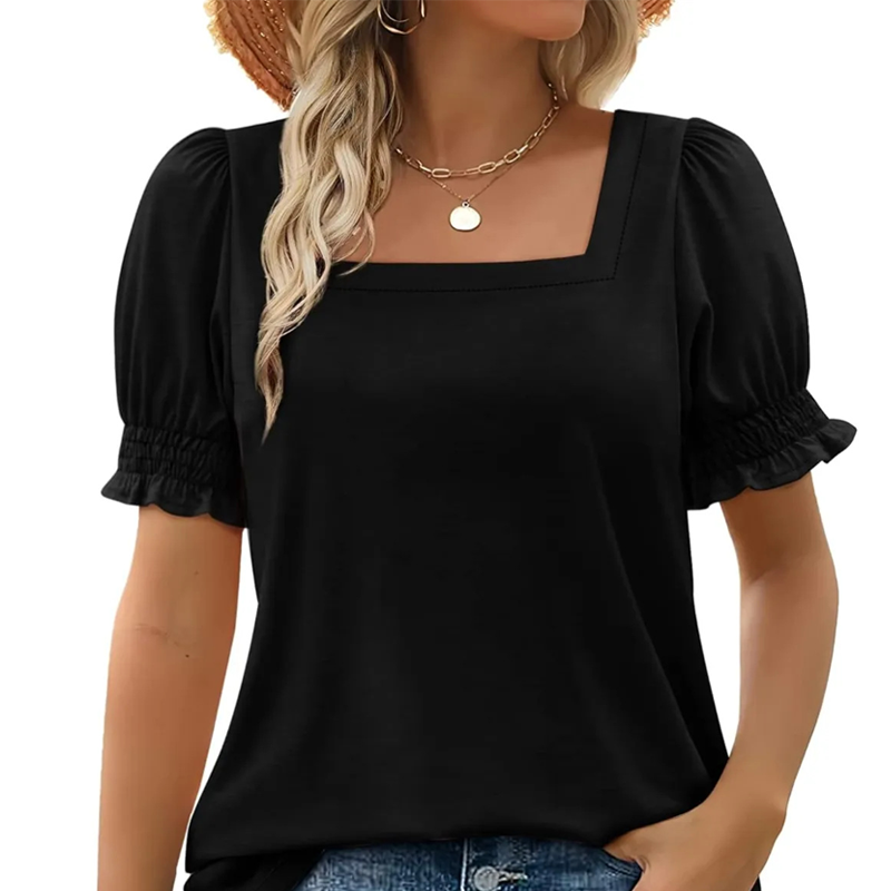 T-shirt décontracté à col carré et manches froncées pour femme