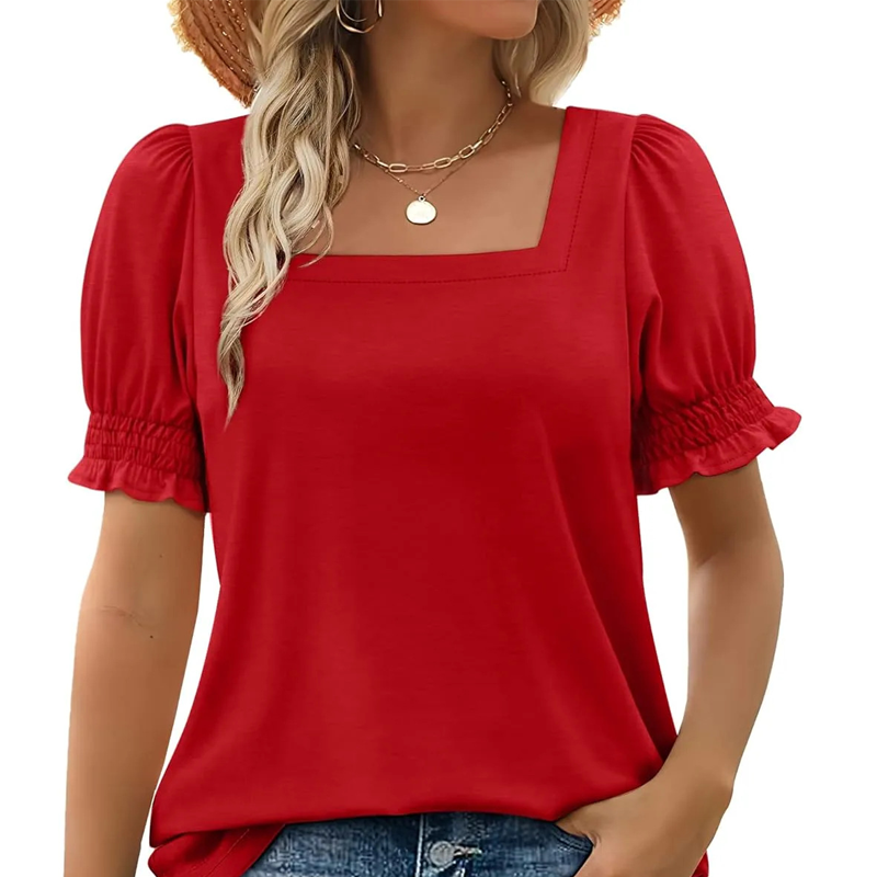 T-shirt décontracté à col carré et manches froncées pour femme