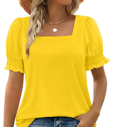 T-shirt décontracté à col carré et manches froncées pour femme