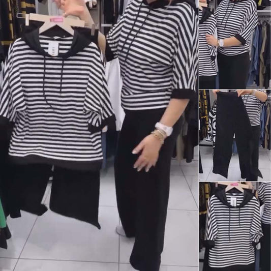 💥Dernier jour 50% de réduction💥Ensemble pour femme composé d'un haut rayé et d'un pantalon uni