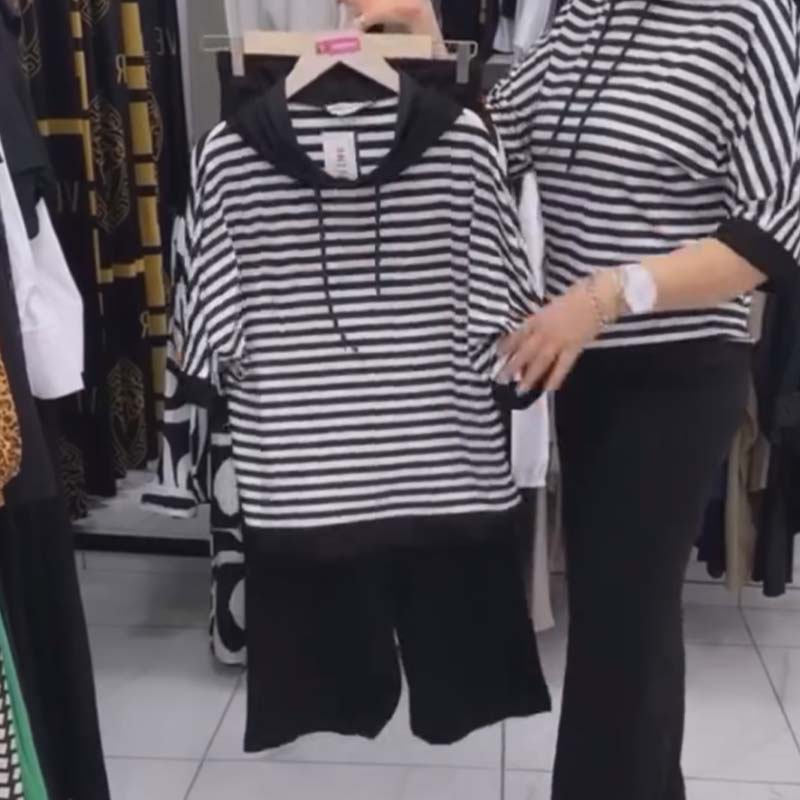 💥Dernier jour 50% de réduction💥Ensemble pour femme composé d'un haut rayé et d'un pantalon uni