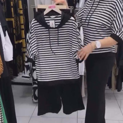 💥Dernier jour 50% de réduction💥Ensemble pour femme composé d'un haut rayé et d'un pantalon uni