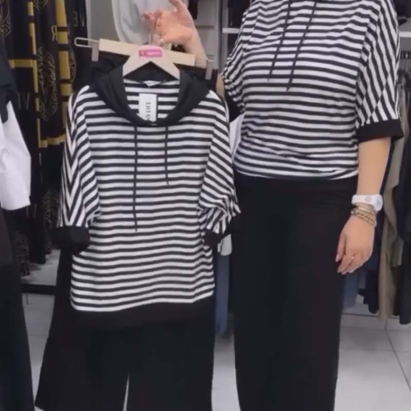 💥Dernier jour 50% de réduction💥Ensemble pour femme composé d'un haut rayé et d'un pantalon uni