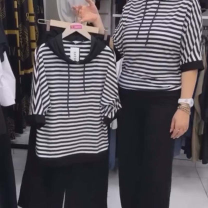💥Dernier jour 50% de réduction💥Ensemble pour femme composé d'un haut rayé et d'un pantalon uni