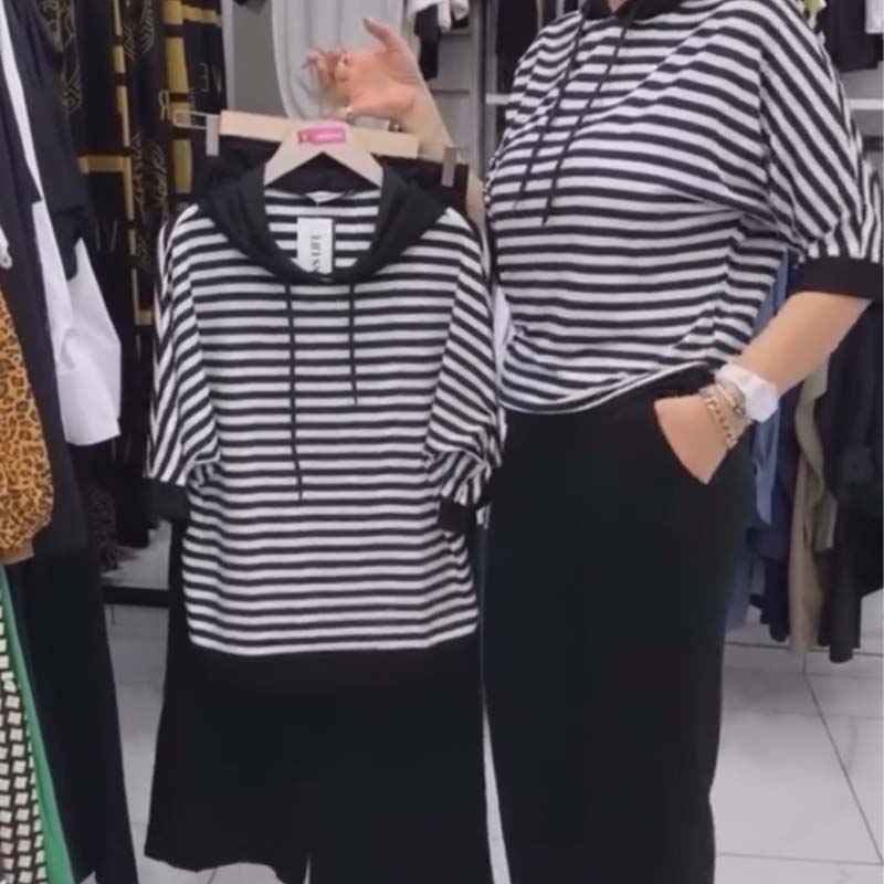 💥Dernier jour 50% de réduction💥Ensemble pour femme composé d'un haut rayé et d'un pantalon uni