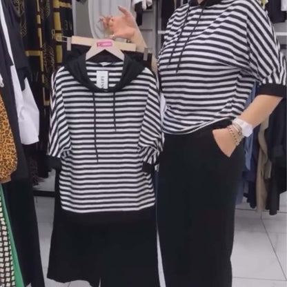 💥Dernier jour 50% de réduction💥Ensemble pour femme composé d'un haut rayé et d'un pantalon uni