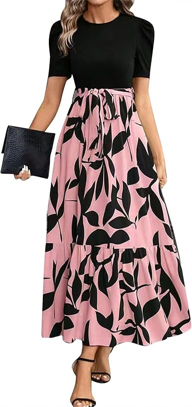 🌸 Soldes de printemps : 49 % de réduction 🌸 Robe d'été pour femme, taille haute, manches courtes, col rond, imprimé floral