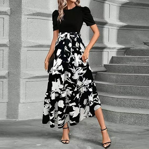 🌸 Soldes de printemps : 49 % de réduction 🌸 Robe d'été pour femme, taille haute, manches courtes, col rond, imprimé floral