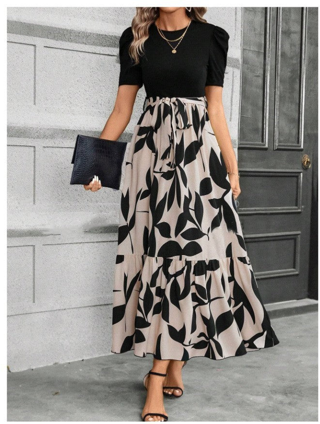 🌸 Soldes de printemps : 49 % de réduction 🌸 Robe d'été pour femme, taille haute, manches courtes, col rond, imprimé floral