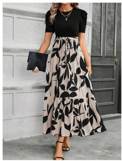 🌸 Soldes de printemps : 49 % de réduction 🌸 Robe d'été pour femme, taille haute, manches courtes, col rond, imprimé floral