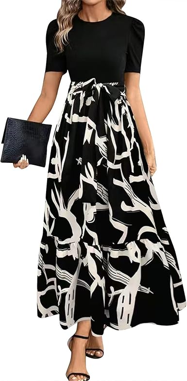 🌸 Soldes de printemps : 49 % de réduction 🌸 Robe d'été pour femme, taille haute, manches courtes, col rond, imprimé floral
