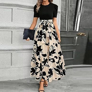 🌸 Soldes de printemps : 49 % de réduction 🌸 Robe d'été pour femme, taille haute, manches courtes, col rond, imprimé floral