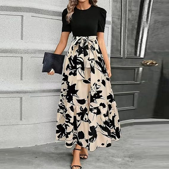 🌸 Soldes de printemps : 49 % de réduction 🌸 Robe d'été pour femme, taille haute, manches courtes, col rond, imprimé floral