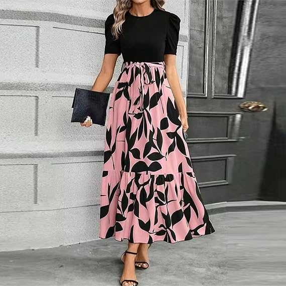 🌸 Soldes de printemps : 49 % de réduction 🌸 Robe d'été pour femme, taille haute, manches courtes, col rond, imprimé floral