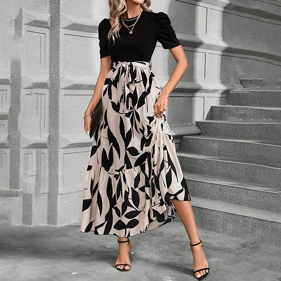 🌸 Soldes de printemps : 49 % de réduction 🌸 Robe d'été pour femme, taille haute, manches courtes, col rond, imprimé floral