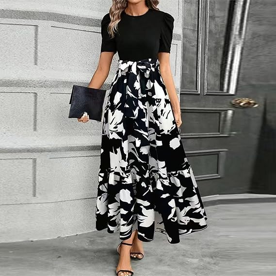 🌸 Soldes de printemps : 49 % de réduction 🌸 Robe d'été pour femme, taille haute, manches courtes, col rond, imprimé floral