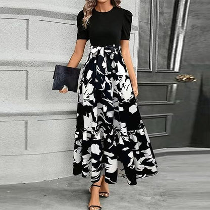🌸 Soldes de printemps : 49 % de réduction 🌸 Robe d'été pour femme, taille haute, manches courtes, col rond, imprimé floral