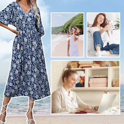 Élégante robe longue à col en V pour femmes avec imprimé floral
