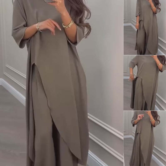Ensemble 2 pièces - Top irrégulier et pantalon à jambe large - couleur unie