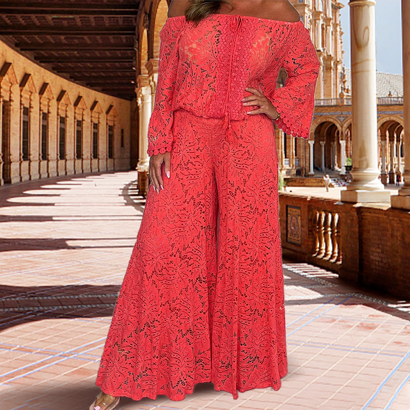 ⏰ Nouvelle vente chaude 52% de réduction 🎀 Ensemble élégant haut en dentelle et pantalon large - un style sans effort en un seul look !