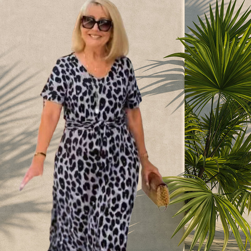 🔥Robe femme imprimé léopard avec col en V- Taille ajustable & 4 saisons