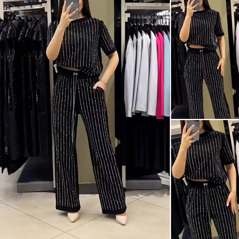 🌸2025 Vente à chaud👠Ensemble deux pièces en tricot rayé à strass pour femmes