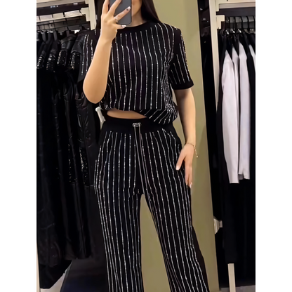 🌸2025 Vente à chaud👠Ensemble deux pièces en tricot rayé à strass pour femmes