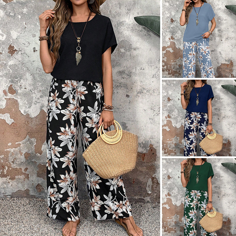 🌸Promotions d'été🌸Ensemble pantalon large et haut à manches courtes pour femmes, décontracté, imprimé floral