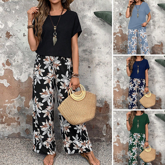 🌸Promotions d'été🌸Ensemble pantalon large et haut à manches courtes pour femmes, décontracté, imprimé floral