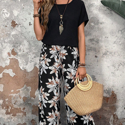 🌸Promotions d'été🌸Ensemble pantalon large et haut à manches courtes pour femmes, décontracté, imprimé floral