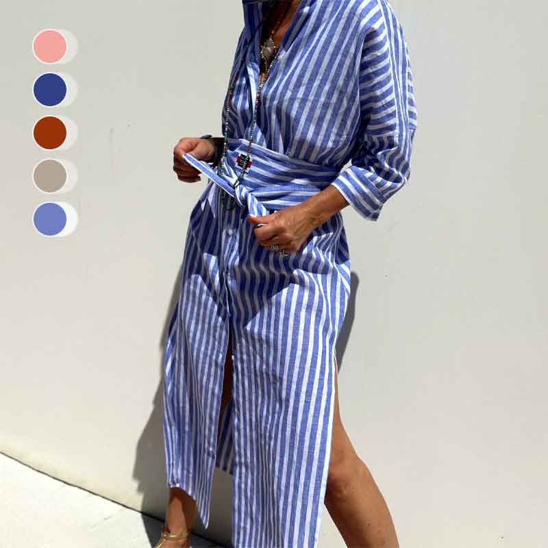 📢📢60 % DE RÉDUCTION !! ⏰ Robe Chemise Ample Rayée à Demi-Manches – Coupe Décontractée, Tissu Léger & Look Intemporel 🌊