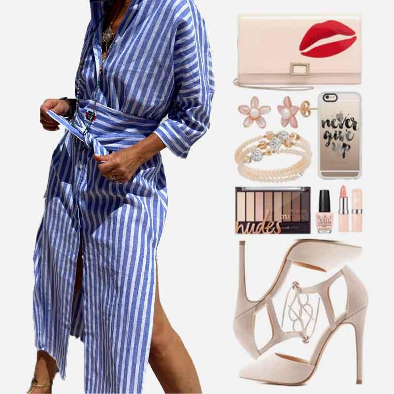 📢📢60 % DE RÉDUCTION !! ⏰ Robe Chemise Ample Rayée à Demi-Manches – Coupe Décontractée, Tissu Léger & Look Intemporel 🌊