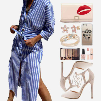 📢📢60 % DE RÉDUCTION !! ⏰ Robe Chemise Ample Rayée à Demi-Manches – Coupe Décontractée, Tissu Léger & Look Intemporel 🌊
