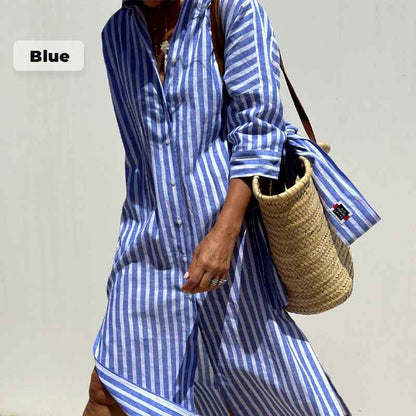 📢📢60 % DE RÉDUCTION !! ⏰ Robe Chemise Ample Rayée à Demi-Manches – Coupe Décontractée, Tissu Léger & Look Intemporel 🌊