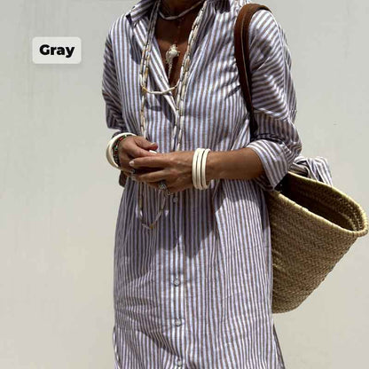 📢📢60 % DE RÉDUCTION !! ⏰ Robe Chemise Ample Rayée à Demi-Manches – Coupe Décontractée, Tissu Léger & Look Intemporel 🌊