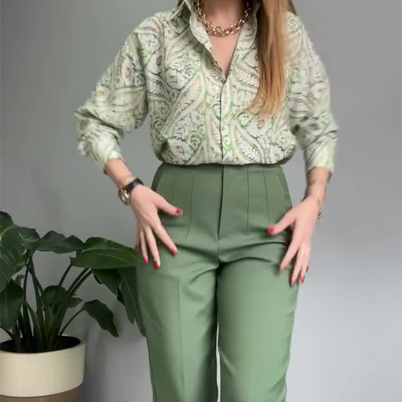 Ensemble 2 pièces chemise imprimée et pantalon à boutons pour femme